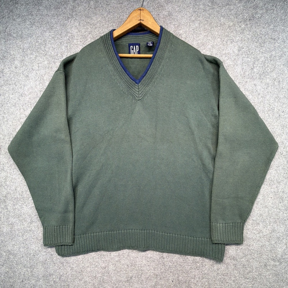 Vintage GAP V Neck Sweater Mens Large Sage Green Cricket Tennis Preppy 90s